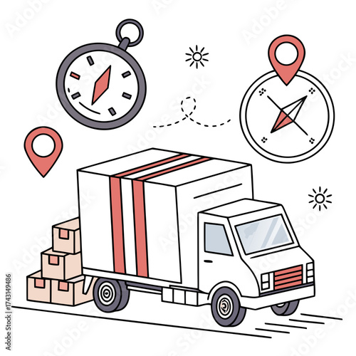 A white delivery truck loaded with boxes travels on a road guided by compasses and location pins symbolizing logistics and shipping services