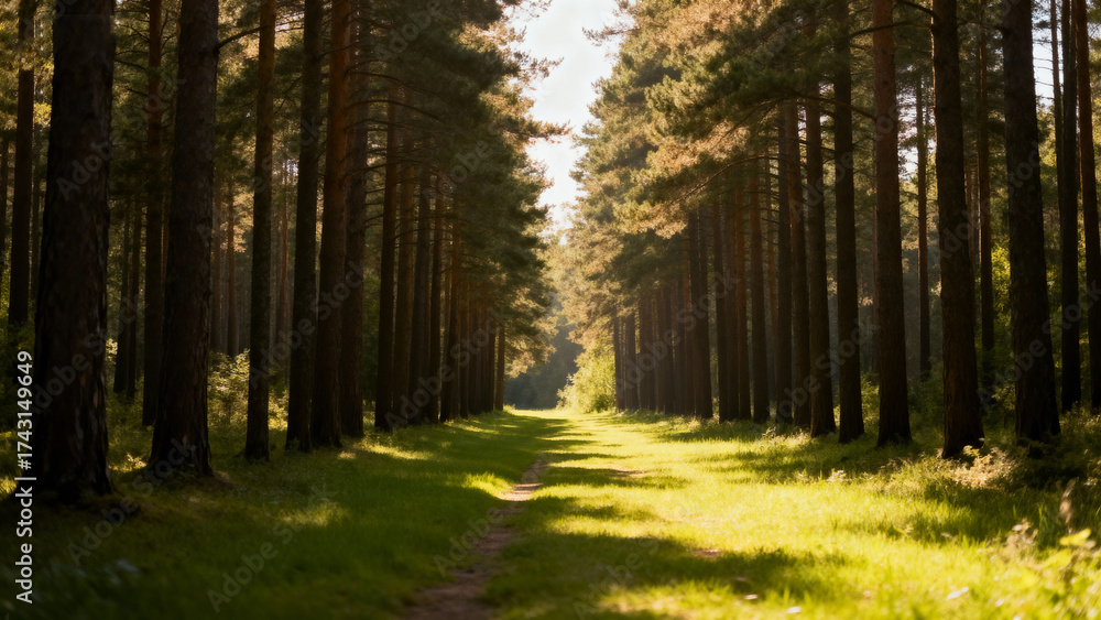 Obraz premium Sunlit forest path with tall trees