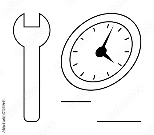 Wrench next to clock face with hands pointing at random time, emphasizing repair and time efficiency. Ideal for mechanical industry, punctuality themes, productivity, efficiency, engineering