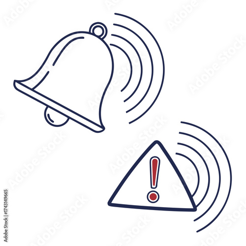A stylized line art illustration featuring a ringing bell and a warning sign with an exclamation mark both emitting sound waves symbolizing alerts and notifications