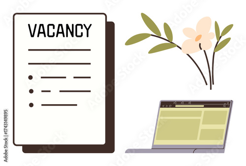 Vacancy listing with bullet points, open laptop displaying web page, delicate flower branch. Ideal for job search, recruitment, career, online application, minimalism, remote work simple flat