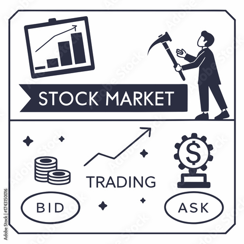 Conceptual illustration of stock market trading with a businessman holding a pickaxe a rising bar chart coins and the words bid and ask symbolizing investment and financial growth