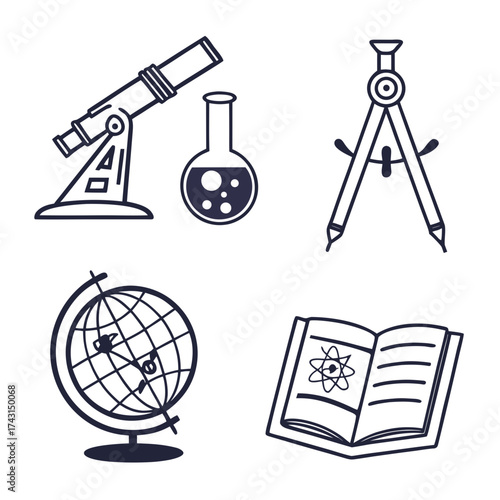 A collection of simple line art icons representing scientific and educational tools including a telescope a laboratory flask a compass a globe and an open book with an atom symbol