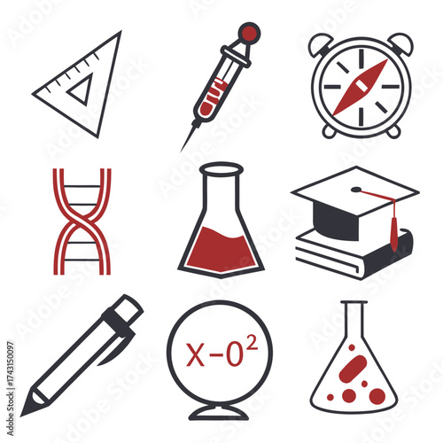 A collection of science and education icons including a dna strand beaker graduation cap syringe alarm clock protractor pen and a chemical formula representing learning and discovery