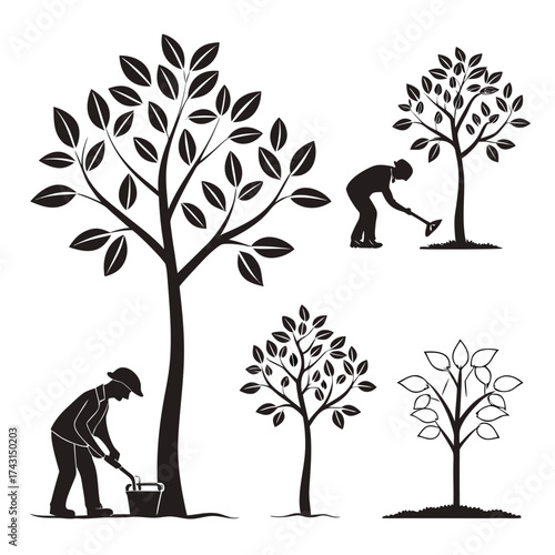 Silhouettes of people planting and tending to trees in various stages of growth symbolizing environmental conservation and gardening efforts in a clean white background