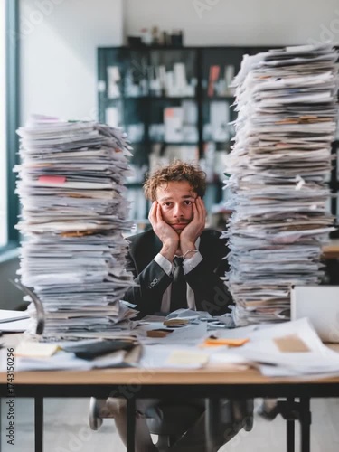 Overwhelmed by Paperwork: A stressed individual sits amidst towering stacks of documents, overwhelmed by the sheer volume. A poignant portrayal of the challenges.