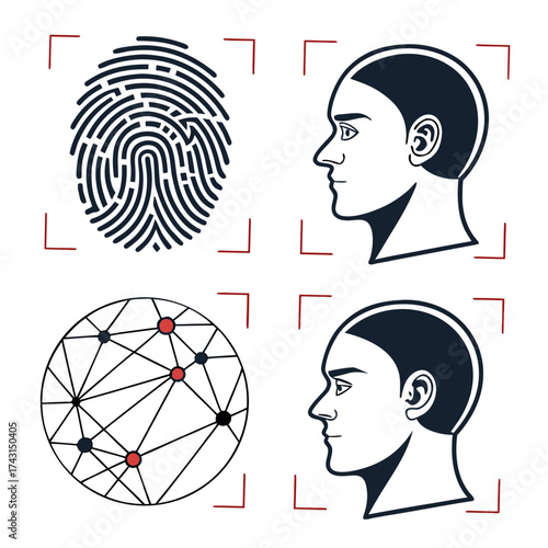 Biometric identification methods including fingerprint scanning facial recognition and a network diagram representing data analysis for security and personal identification purposes