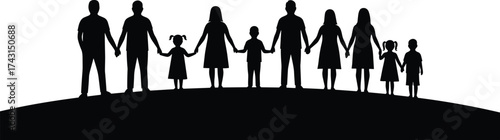 Silhouette illustration of big family holding hands together on curved hill representing unity, love, connection, community, support, and togetherness