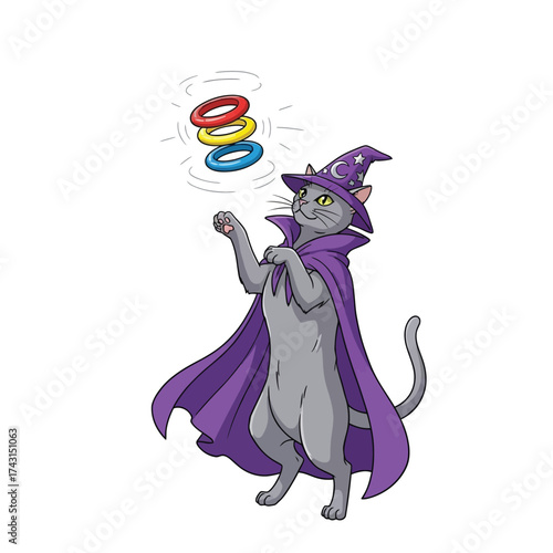A gray cat dressed as a wizard, wearing a purple cloak and hat, is levitating colorful rings in the air.