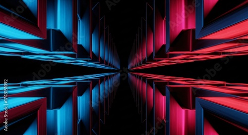Dynamic geometric tunnel with neon blue and red lights