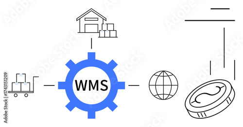 Central gear labeled WMS connects to warehouse, pallet truck, globe, and falling coin, representing operations, logistics, cost savings, inventory flow. Ideal for supply chain logistics e-commerce
