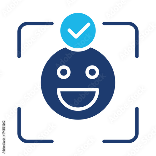 Face Recognition Icon In Blue Monochrome Flat Design, Vector Illustration