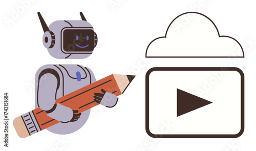 Smiling robot holding large pencil near cloud storage with a play button. Ideal for AI, education, creativity, content creation, online learning, cloud storage, and technology concepts as simple flat