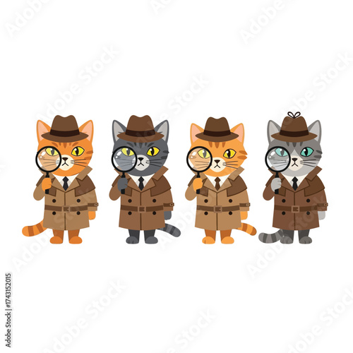 Four cartoon cats dressed as detectives, holding magnifying glasses, ready to investigate.