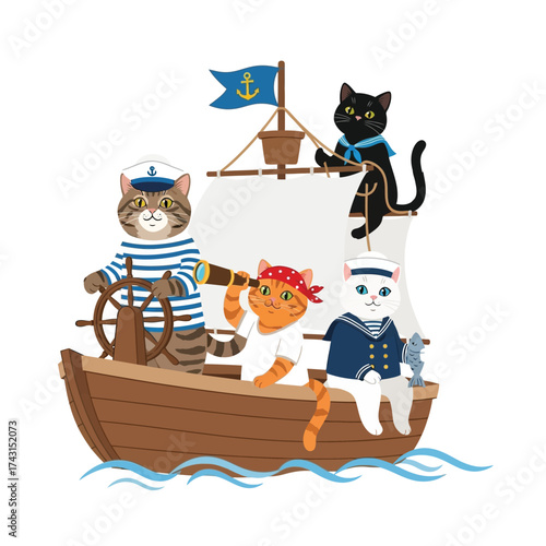 A cartoon illustration depicts four cats sailing a small wooden boat on the water.