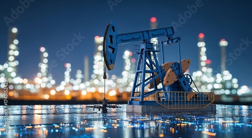 Modern oil pumpjack operates at night with industrial refinery lights