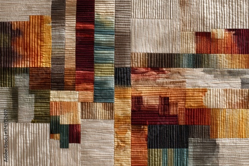 Colorful quilt texture showing unique fabric patterns and fine stitching. This design suits textile art, craft projects, or background with a warm feel.