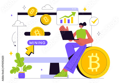 Bitcoin Mining Illustration Featuring a Cryptomining Farm with People Trading and Investing in Digital Web Money, Blockchain, and Fintech Industry