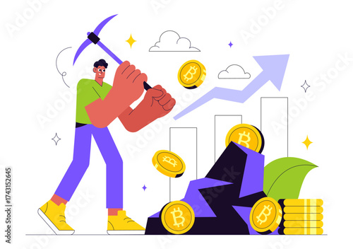 Bitcoin Mining Illustration Featuring a Cryptomining Farm with People Trading and Investing in Digital Web Money, Blockchain, and Fintech Industry