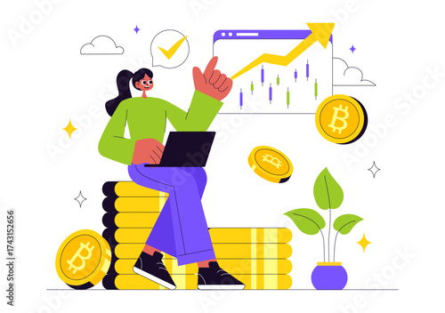 Bitcoin Mining Illustration Featuring a Cryptomining Farm with People Trading and Investing in Digital Web Money, Blockchain, and Fintech Industry