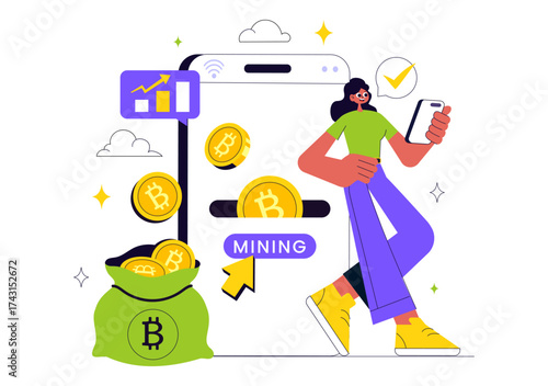 Bitcoin Mining Illustration Featuring a Cryptomining Farm with People Trading and Investing in Digital Web Money, Blockchain, and Fintech Industry