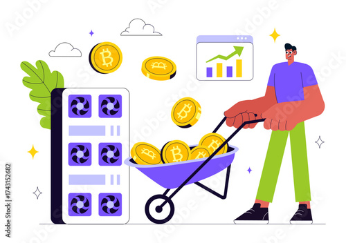Bitcoin Mining Illustration Featuring a Cryptomining Farm with People Trading and Investing in Digital Web Money, Blockchain, and Fintech Industry