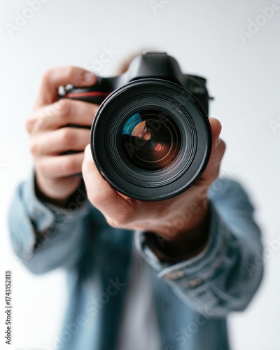 A photographer holds up a digital camera in front of them, preparing to capture a stunning moment. The camera, a tool of creativity, awaits its next shot.