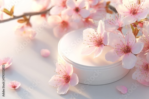 Wallpaper Mural A white cream jar sits amidst delicate pink cherry blossoms, with a soft, sunny glow Torontodigital.ca