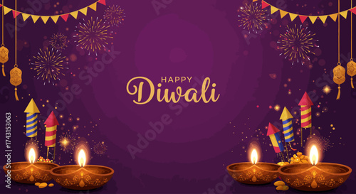 Happy Diwali Festival Background with Diya Lamps and Fireworks