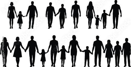 Silhouette illustration of diverse families walking together holding hands, parents and children group symbolizing unity, love, bonding, relationship, and togetherness