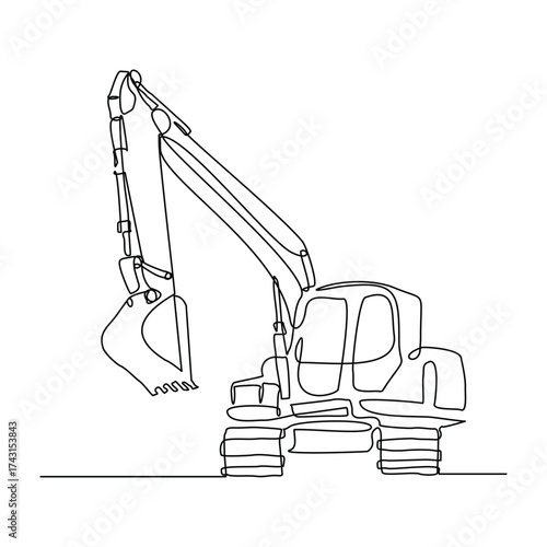 Continuous line drawing of excavator earth mover soil digger industry construction machinery. Sketch drawing editable stroke vector illustration