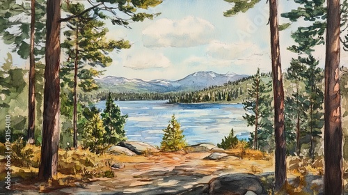 Watercolor landscape painting of mountain lake and forest scenery in nature with artistic ink sketch style
