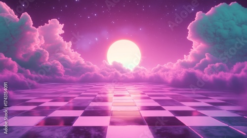 13.Aesthetic sweet neon sky scene and checkered tile floor illustration, cool purple pink and green techno summer vibe