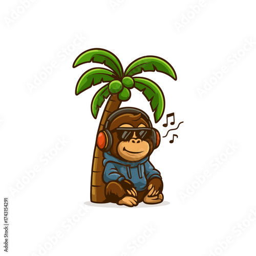 Cute cartoon orangutan wearing glasses under a palm tree