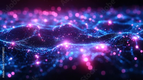 Abstract Waving Digital Network of Glowing Particles.