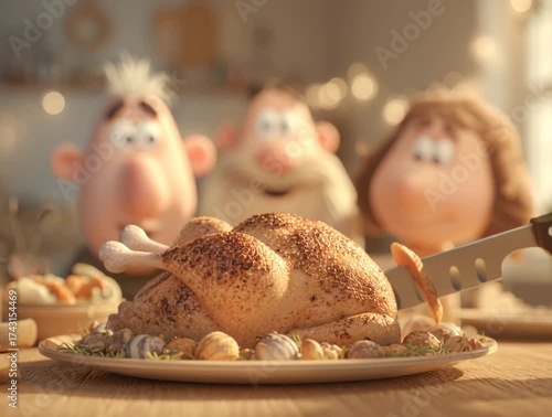 3D cartoon table view of Thanksgiving dinner, close-up of roasted turkey centerpiece, smiling characters in background, soft golden light, joyful and heartwarming. 