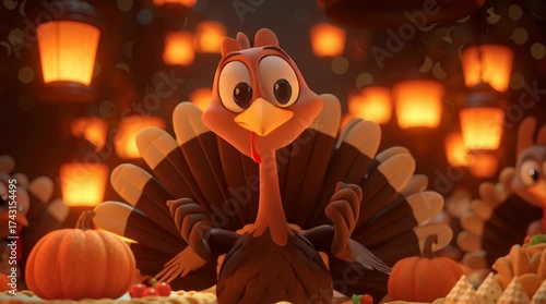 3D cartoon turkey hosting Thanksgiving feast, surrounded by friends, pies, pumpkins, and glowing lanterns, cheerful smiles, warm orange lighting. 