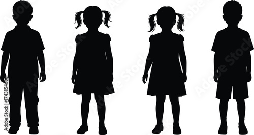 Silhouette of boys and girls standing together, children illustration representing friendship, childhood, learning, family and social unity vector design
