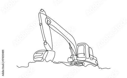 Continuous line drawing of excavator earth mover soil digger industry construction machinery. Sketch drawing editable stroke vector illustration
