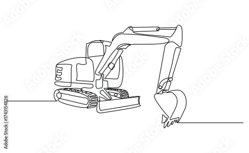 Continuous line drawing of excavator earth mover soil digger industry construction machinery. Sketch drawing editable stroke vector illustration