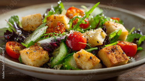 Crisp salad gluten free crouton cherry tomato cucumber mixed greens arugula parmesan olive oil pepper fresh
