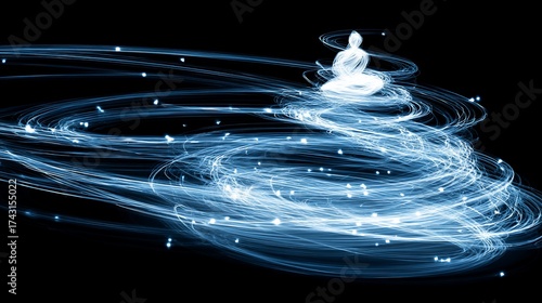 Abstract Buddha silhouette over swirling streams of light on black background