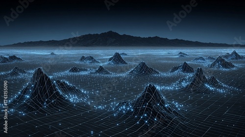 Abstract data landscape with glowing grid and mountain silhouette background visual