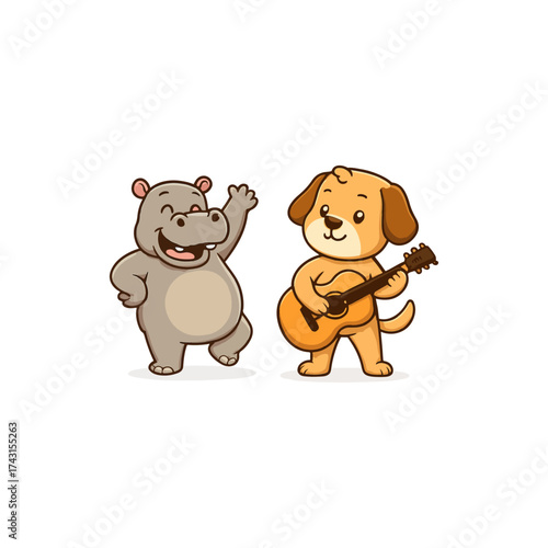 Happy hippo dances while dog plays guitar