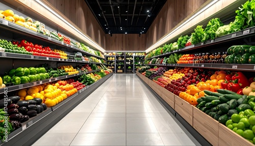 Fresh Fruits and Vegetables in Modern Supermarket Produce Aisle