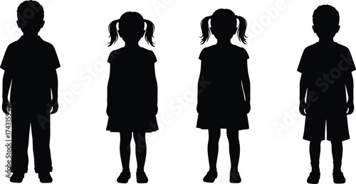 Silhouette of boys and girls standing together, children illustration symbolizing friendship, unity, childhood, education, family and social connection vector design
