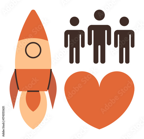 Rocket symbolizing progress, three human figures for collaboration, and a heart for passion. Ideal for teamwork, innovation, unity, growth, creativity motivation connection. Simple flat metaphor