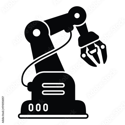 Robotic Arm with Gripper Glyph Vector. This fundamental image represents the core concept of factory automation, assembly line work, and the practical application of robotics in manufacturing.
