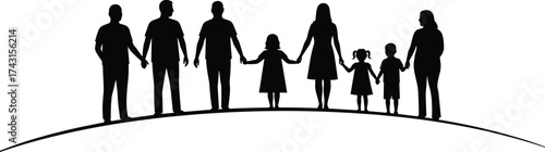 Silhouette of diverse family members standing together on curved ground holding hands representing love, unity, support, care, and togetherness
