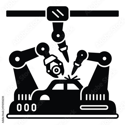 Automotive Manufacturing Assembly Line with Multi-Arm Industrial Robotics and Precision Welding Glyph Vector. Perfect visual for content on Industry 4.0, factory robotics, and high-speed production.